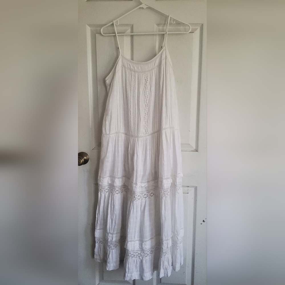 Lucky Brand White Lace-Trim Tiered Maxi Dress, Size Large